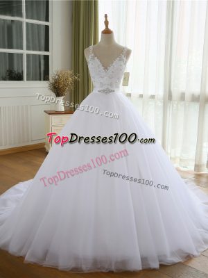 Nice White Lace Up V-neck Beading and Lace and Appliques Wedding Gown Tulle Sleeveless Court Train