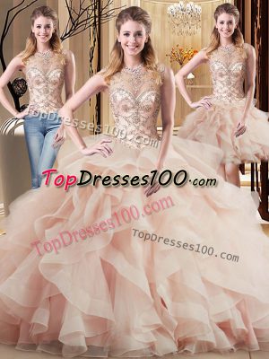 Extravagant Scoop Sleeveless Brush Train Lace Up 15 Quinceanera Dress Peach Tulle