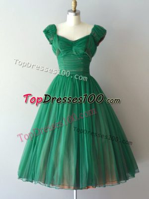 Modest Green Chiffon Lace Up Wedding Guest Dresses Cap Sleeves Knee Length Ruching