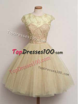Superior Lace Dama Dress for Quinceanera Champagne Lace Up Cap Sleeves Knee Length