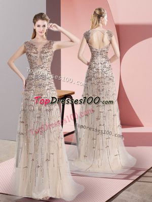 Dazzling Champagne Zipper Evening Dress Beading Sleeveless Brush Train