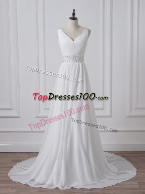 Chiffon Sleeveless Wedding Dress Brush Train and Beading and Ruching