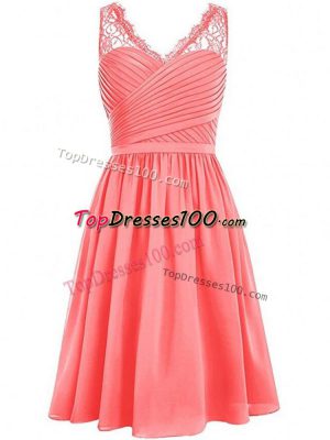 Suitable Knee Length Watermelon Red Bridesmaid Gown Chiffon Sleeveless Lace and Ruching