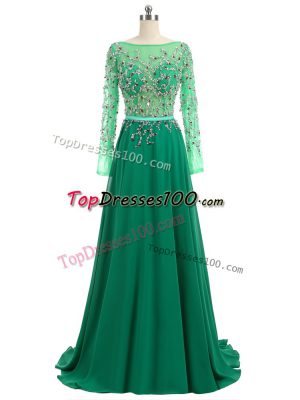Stylish Chiffon Bateau Long Sleeves Brush Train Backless Beading High School Pageant Dress in Green
