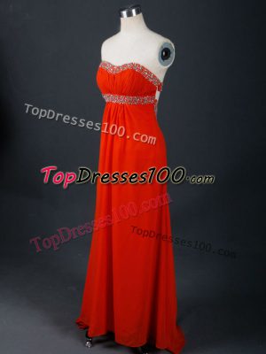Sweet Sleeveless Floor Length Beading Backless Pageant Gowns with Coral Red