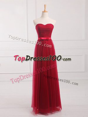 Belt Quinceanera Court of Honor Dress Wine Red Lace Up Sleeveless Floor Length