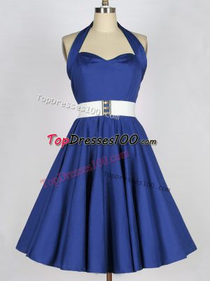 Knee Length Lace Up Bridesmaids Dress Blue for Prom and Party and Wedding Party with Belt