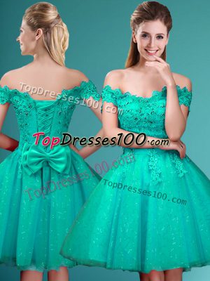 Lovely Knee Length A-line Cap Sleeves Turquoise Bridesmaid Dresses Lace Up