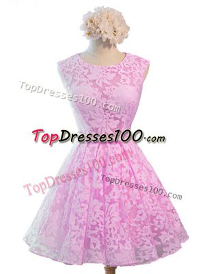 Elegant Lilac A-line Lace Scoop Sleeveless Belt Knee Length Lace Up Court Dresses for Sweet 16