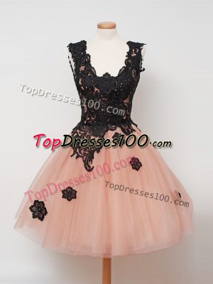 Peach Ball Gowns Straps Sleeveless Tulle Knee Length Zipper Lace Wedding Party Dress