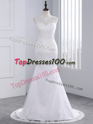 White Column/Sheath High-neck Sleeveless Tulle Brush Train Lace Up Beading and Appliques Wedding Gown