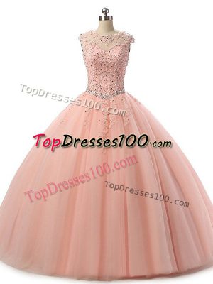 Clearance Floor Length Lace Up Quinceanera Gown Peach for Military Ball and Sweet 16 and Quinceanera with Beading and Lace