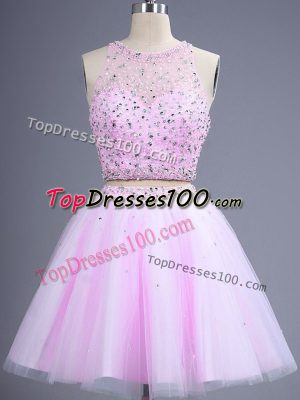On Sale Two Pieces Quinceanera Dama Dress Lilac Scoop Tulle Sleeveless Knee Length Lace Up