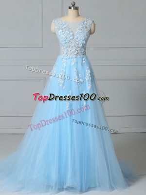 Scoop Sleeveless Brush Train Lace Up Prom Dress Baby Blue Tulle