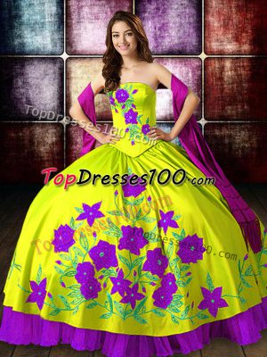 High End Strapless Sleeveless Quinceanera Gown Floor Length Embroidery Yellow Green Taffeta