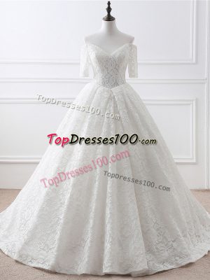 Half Sleeves Brush Train Lace Up Lace and Appliques Wedding Gowns