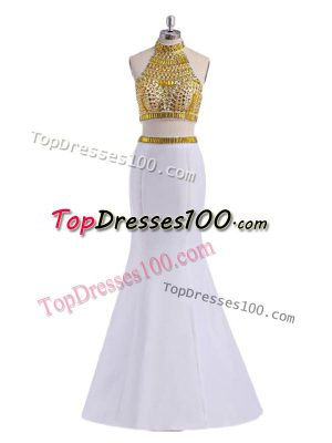 Halter Top Sleeveless Satin Prom Party Dress Beading Lace Up