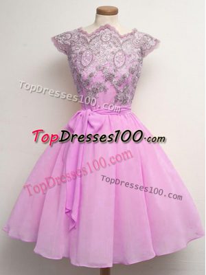 Artistic A-line Bridesmaids Dress Lilac Scalloped Chiffon Cap Sleeves Knee Length Lace Up