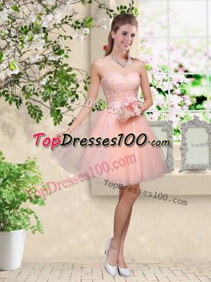 Peach Lace Up Sweetheart Lace and Belt Bridesmaid Gown Tulle Sleeveless