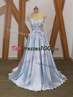 A-line Going Out Dresses Light Blue Off The Shoulder Elastic Woven Satin Sleeveless Floor Length Lace Up