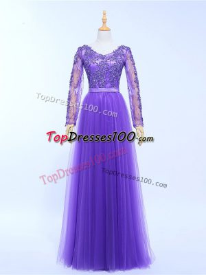 Super Lavender Lace Up Lace and Appliques Long Sleeves Floor Length