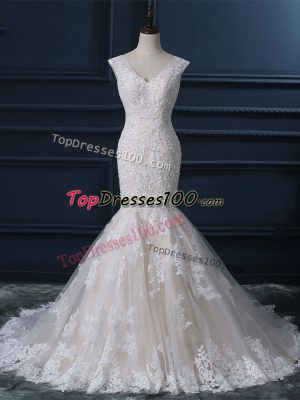 Customized White Wedding Gowns V-neck Sleeveless Brush Train Zipper