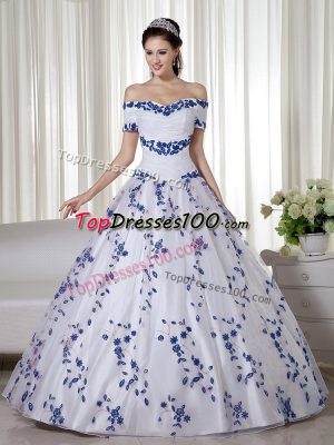 Glorious White Ball Gowns Embroidery Sweet 16 Dress Lace Up Organza Short Sleeves Floor Length
