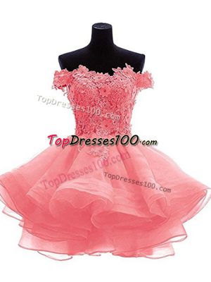 Watermelon Red Zipper Prom Dresses Beading and Lace and Appliques Sleeveless Mini Length