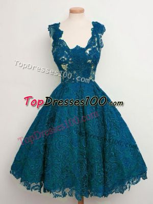 Artistic Teal A-line Straps Sleeveless Lace Knee Length Lace Up Lace Dama Dress for Quinceanera