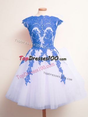 Gorgeous Blue And White Lace Up Scalloped Appliques Bridesmaids Dress Tulle Sleeveless