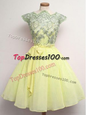 Designer Yellow Chiffon Lace Up Scalloped Cap Sleeves Knee Length Bridesmaid Dress Lace and Belt