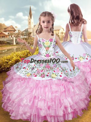 Nice Rose Pink Ball Gowns Straps Sleeveless Organza and Taffeta Floor Length Lace Up Embroidery and Ruffled Layers Little Girl Pageant Dress