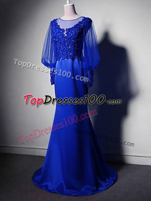 Gorgeous Royal Blue Empire Elastic Woven Satin Scoop Long Sleeves Beading and Lace and Appliques Clasp Handle Mother of Bride Dresses Brush Train