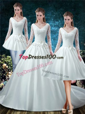 Lace and Belt Wedding Gowns White Lace Up 3 4 Length Sleeve Court Train