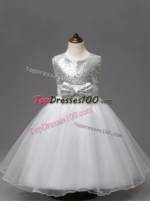 White Sleeveless Sequins and Bowknot Tea Length Toddler Flower Girl Dress
