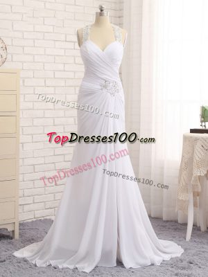 Charming Straps Sleeveless Chiffon Bridal Gown Beading and Ruching Brush Train Side Zipper