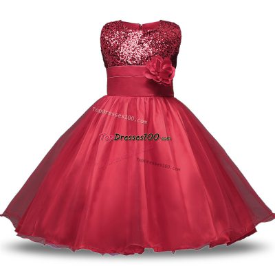 Sleeveless Bowknot and Belt and Hand Made Flower Zipper Toddler Flower Girl Dress