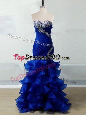 Floor Length Zipper Prom Dress Royal Blue for Prom and Party and Military Ball and Sweet 16 with Beading and Ruffles and Ruching