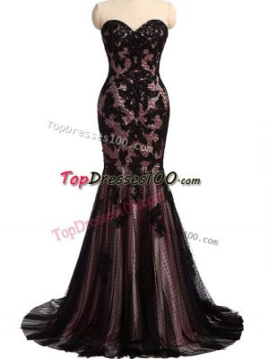 Black Mermaid Lace and Appliques Evening Gowns Lace Up Tulle and Lace Sleeveless