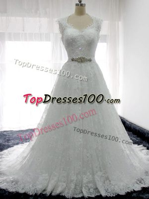 Comfortable White Wedding Gown Straps Sleeveless Brush Train Clasp Handle