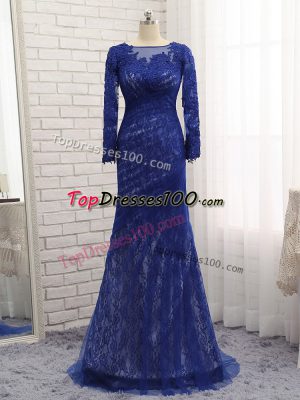 Great Blue Column/Sheath Lace Mother of Groom Dress Zipper Tulle Long Sleeves