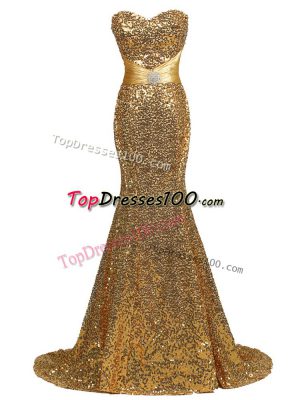 Gold Sweetheart Neckline Sequins Evening Party Dresses Sleeveless Lace Up