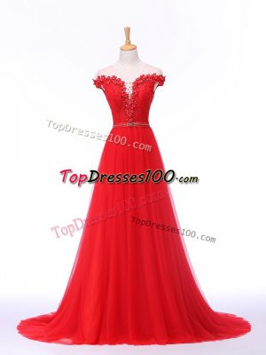 Tulle Off The Shoulder Sleeveless Brush Train Lace Up Lace and Appliques Formal Evening Gowns in Red