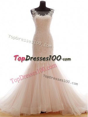 Pink Sleeveless Tulle Brush Train Lace Up Wedding Gowns for Wedding Party