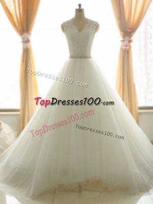 Cute White V-neck Neckline Beading and Appliques Wedding Dress Sleeveless Zipper