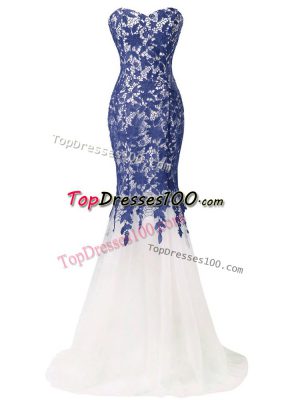 Tulle Sweetheart Sleeveless Brush Train Lace Up Lace and Appliques Evening Gowns in Blue And White