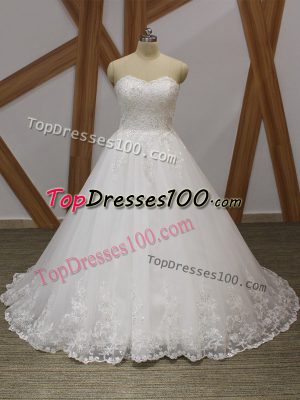 White Lace Up Sweetheart Lace and Appliques Wedding Gowns Organza Sleeveless Brush Train