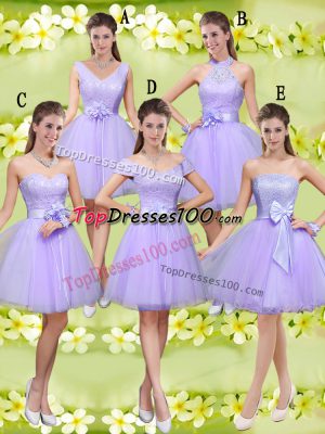 Lace and Belt Quinceanera Court of Honor Dress Lilac Lace Up Sleeveless Knee Length