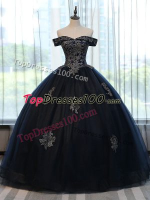 Navy Blue Sleeveless Floor Length Appliques Lace Up Quince Ball Gowns