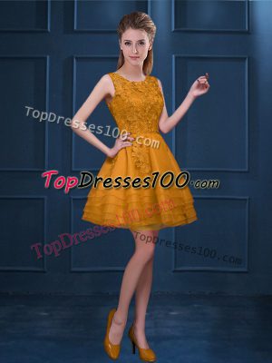 Fabulous Scoop Sleeveless Bridesmaid Gown Knee Length Lace and Ruffled Layers Gold Tulle